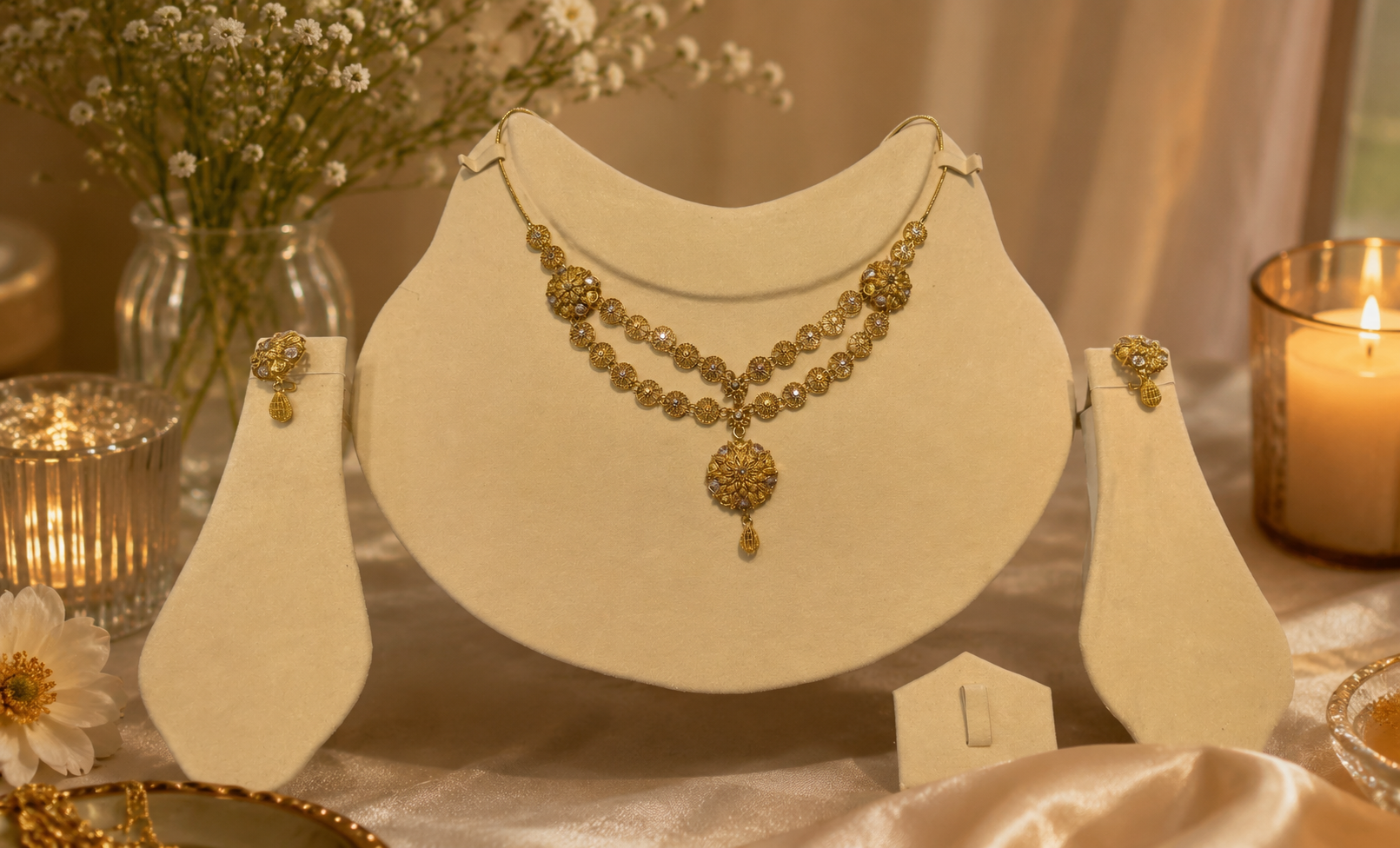 Luxury Gold-Plated Floral Mala Set with Earrings – Premium Bridal Jewelry