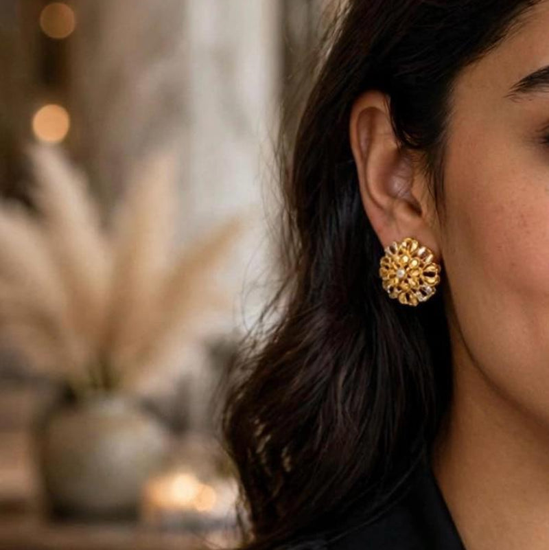 Golden Round Flower Studs